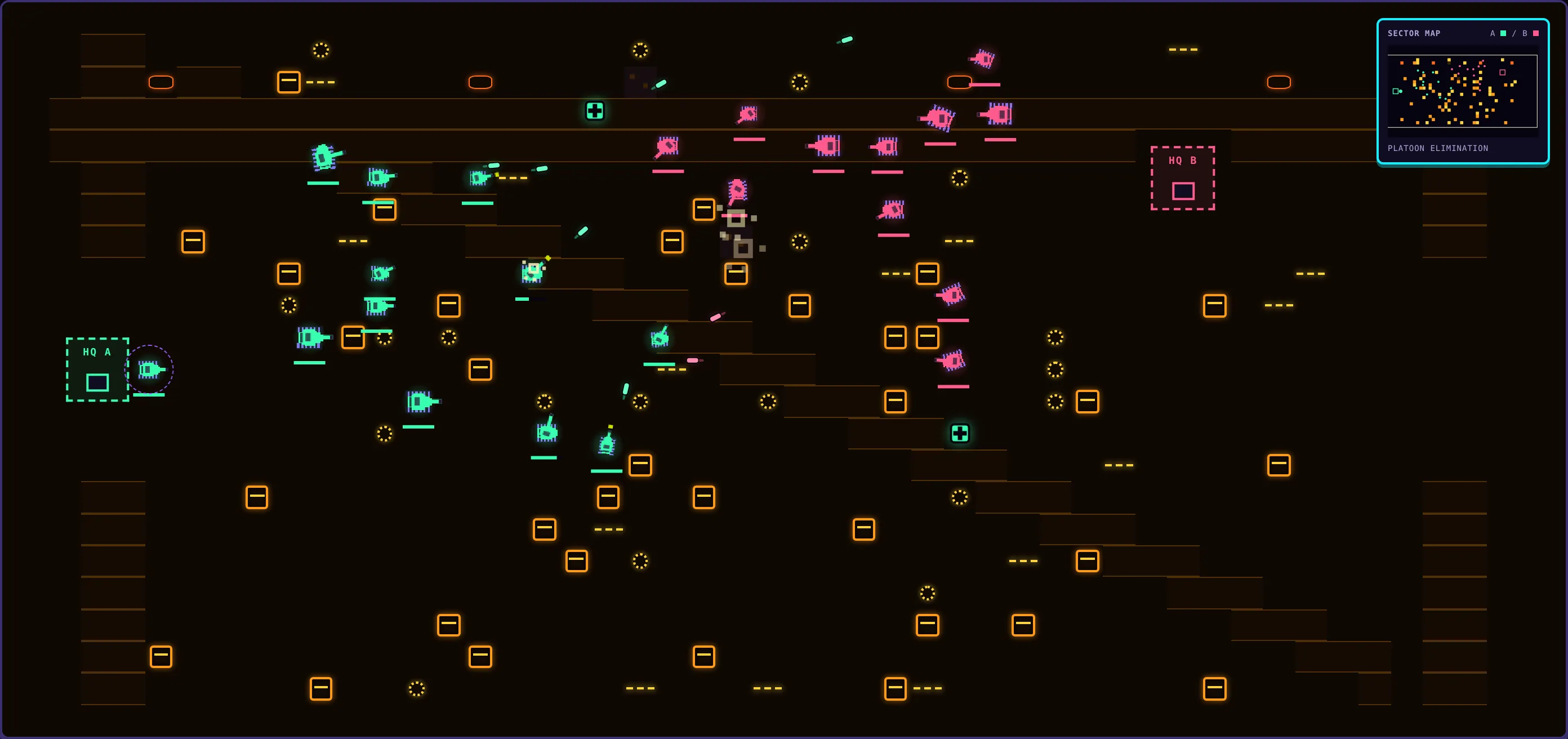 A live battle: two platoons trading fire across the desert, the sector map in the corner.