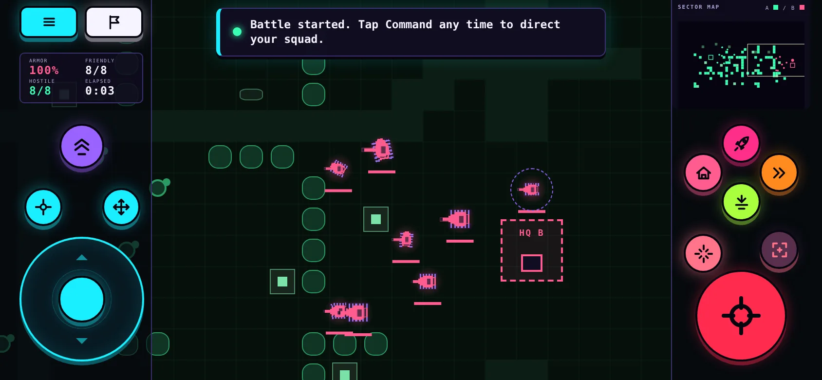 The phone cockpit in landscape: menu, readouts, Command and the stick on the left; orders, Auto, Lock and Fire on the right.