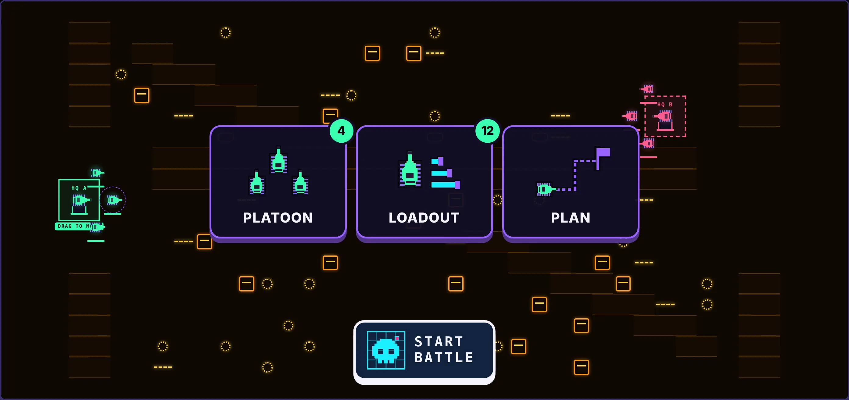 Planning with time frozen: Platoon, Loadout and Plan keys over the desert board, Start battle below.