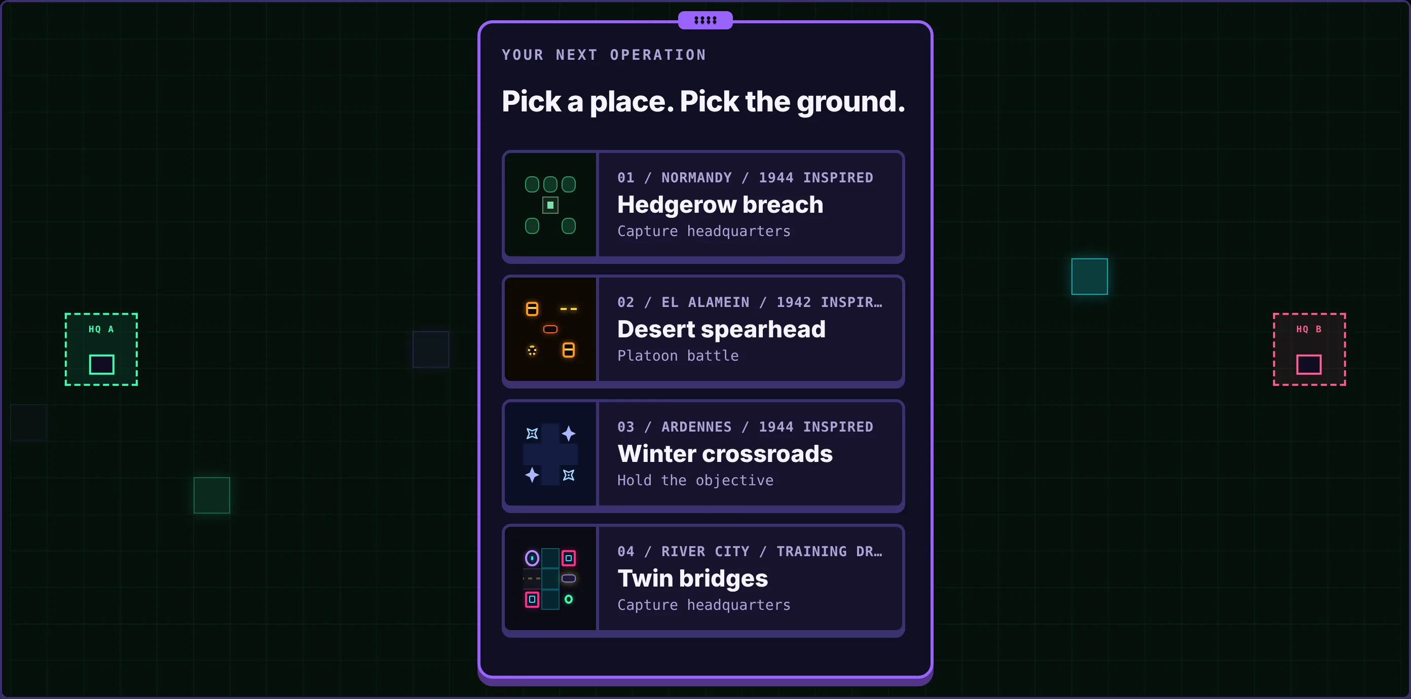 The location card: Hedgerow breach, Desert spearhead, Winter crossroads and Twin bridges over the empty board.